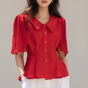 Chiffon Wing Sleeves Peplum Blouse in Red (Belt Set)